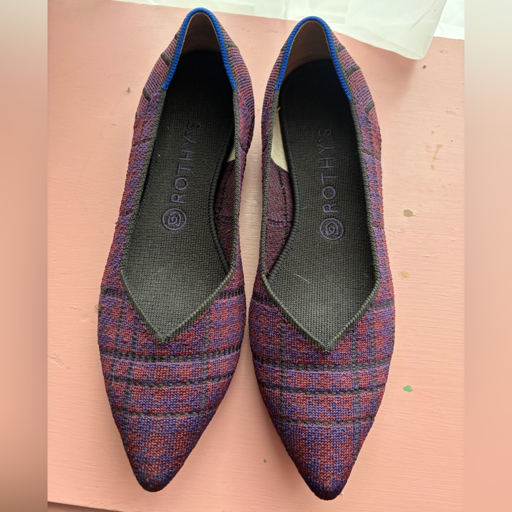 Rothy's Pointed Knit Flats in Purple and Blue Plaid
